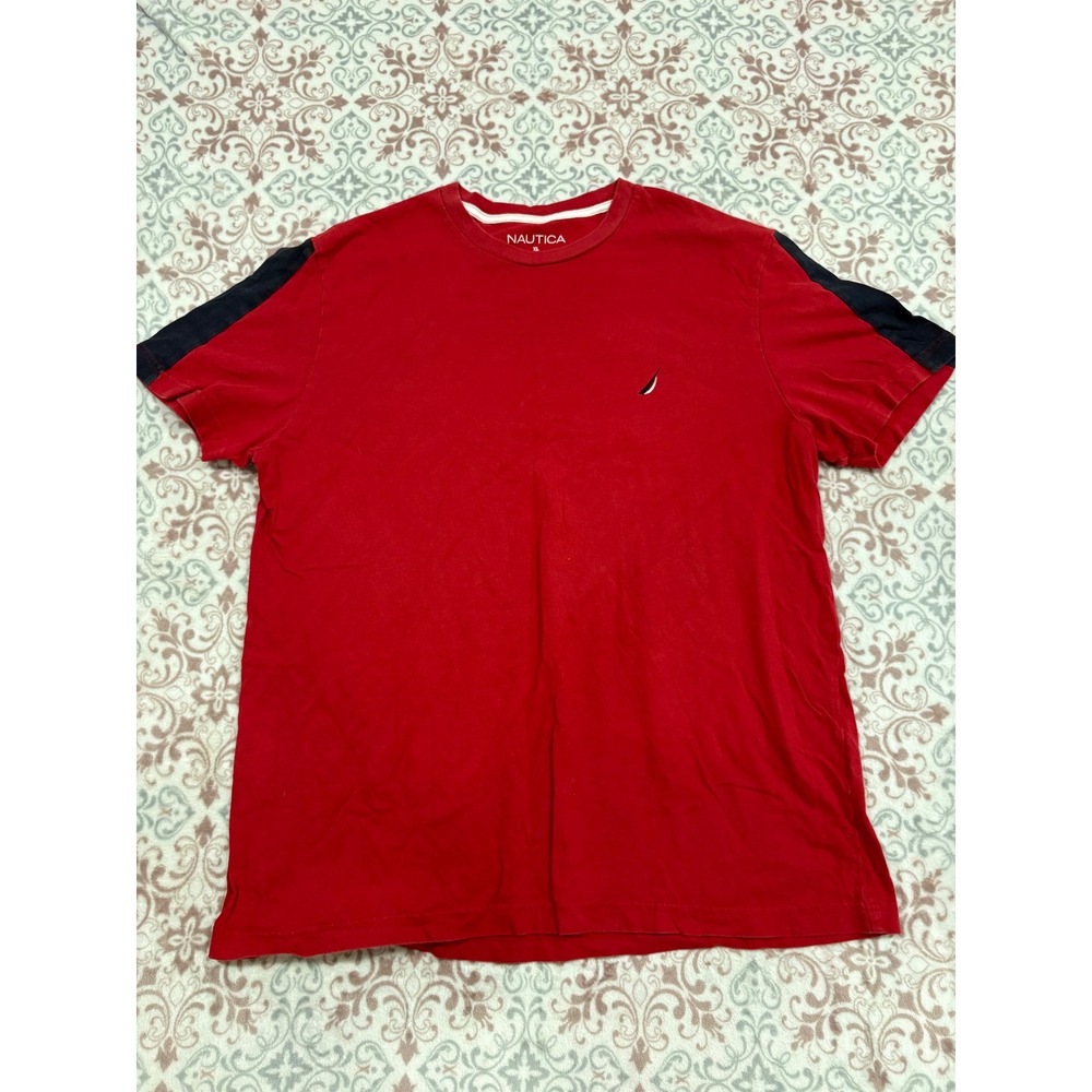 Nautica Mens XL Red Cotton T-Shirt Navy Shoulder Stripe Short Sleeve Crewneck